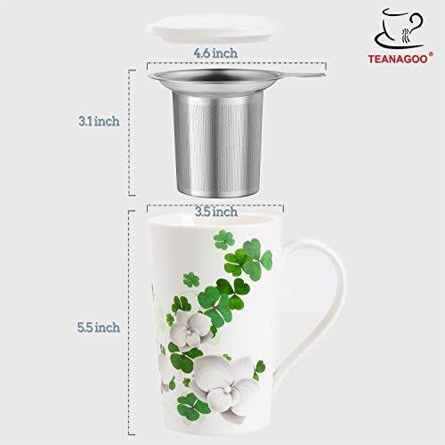 TEANAGOO M58-4 Tea Mug with Infuser and Lid, 18 OZ, Lucky Clover, Travel Teaware with Filter, Tea Cup Steeper Maker, Brewing Strainer for Loose Leaf Tea,Diffuser mug set for Tea Lover Gift