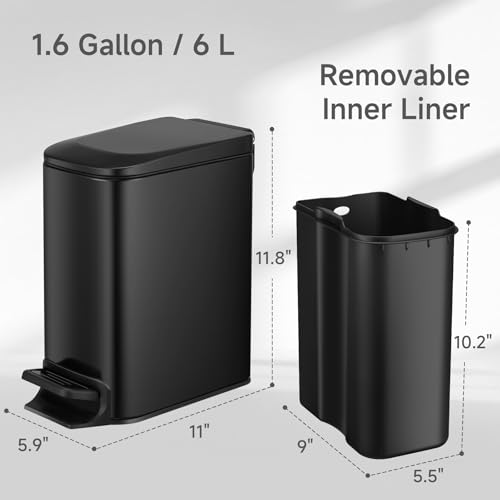 TIPGO Slim Bathroom Trash Can with Lid Soft Close, Step Pedal, 6 Liter / 1.6 Gallon Stainless Steel Garbage Can with Removable Inner Bucket, Anti-Fingerprint Finish (Matte Black)
