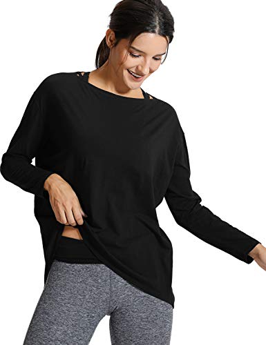 CRZ YOGA Long Sleeve Workout Shirts for Women Loose Fit-Pima Cotton Yoga Shirts, Casual Fall Tops Shirts Black L(12)