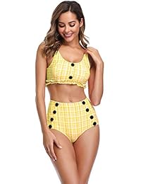 Traje de baño de cintura alta a cuadros para dama, bikini retro de dos piezas, bañador con almohadilla de botón