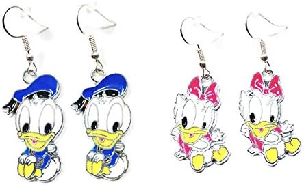 2 Pairs Disney inspired Baby Donald Duck and Daisy Duck Cartoon Character Dangle Hook Earrings With Gift Box