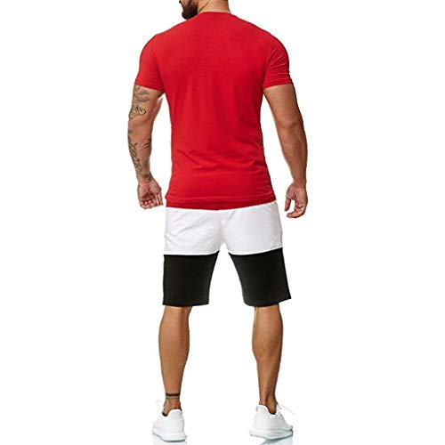 Mens 2 Piece Outfit Sport Thin Set Spring Summer Casual Short Sleeve Color Block Tops + Short Pants Tracksuit (Red, XXL)