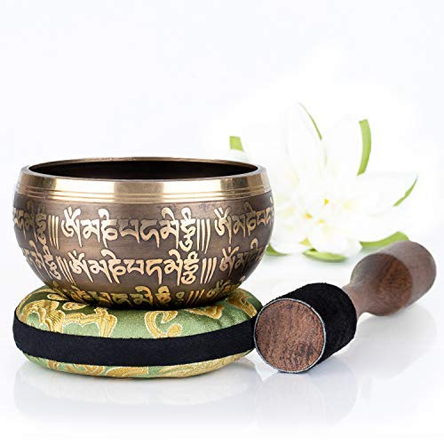 Silent Mind ~ Tibetan Singing Bowl Set ~ Peace Mantra Design ~ With Dual Surface Mallet and Silk Cushion ~ Promotes Peace, Chakra Healing, and Mindfulness ~ Exquisite Gift