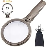 BIGMONAT Magnifying Glass with Light for Reading,16 LEDs Illuminated Handheld Magnifier3X 5X,Stand Magnifier with Adjustable Magnifying Head,Warm/Cool Lighted Magnifier for Soldering,Inspection