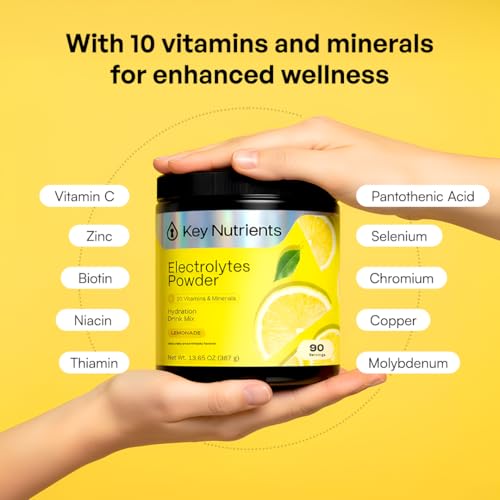 KEY NUTRIENTS Multivitamin Electrolytes Powder Sugar Free - Refreshing Lemonade Electrolyte Powder - Sodium & Energy Supplement - Hydration Powder - No Calories - 4.3 g x 90 Servings