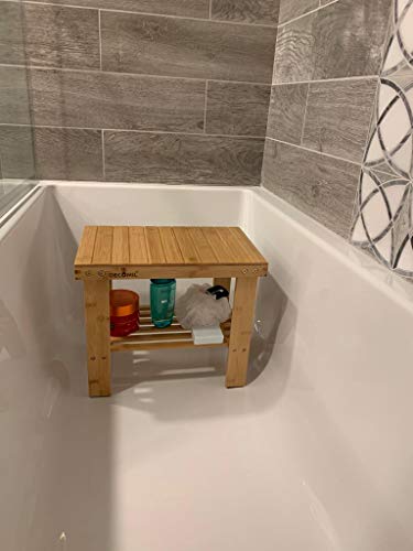 DECOMIL - Bamboo Shower Bench 16â, Foot Rest Shaving Stool with Storage Shelf | Nonslip Feet & Waterproof Bathing Bench | Perfect for Indoor and Outdoor Use - Image 5