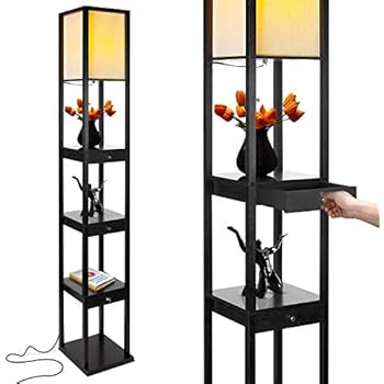 Brightech Maxwell Drawer Edition - Shelf & LED Floor Lamp Combination - Modern Living Room Standing Light with Asian Display Shelves - Classic Black