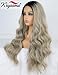 K'ryssma Ash Blonde Lace Front Wig Dark Roots Ombre Synthetic Wigs for Women Long Wavy Ombre Blonde Wig with Middle Part 22 Inches