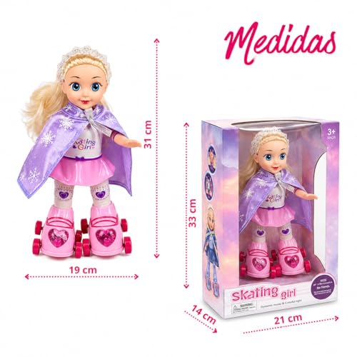 Boneca Patinadora Musical com Luzes, Plástico, 28cm, Dança e Toca Músicas, Patins Iluminados, Alimentação 3 Pilhas AA, para Crianças 3 Anos+ (AZUL)