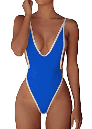 JBENG Women Monokini Retro Thong One Piece Swimsuit Deep V High Cut Sexy Cheeky Swimwear Semi Thong Bikini L Blue