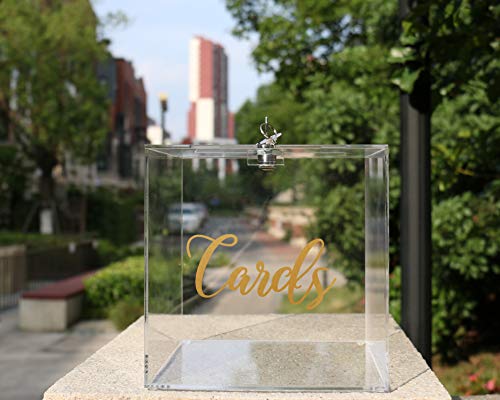 Wadbeev Wedding Acrylic Card Box, Crystal Clear Plexiglass Box with Lid Lock and Key, Mr & Mrs Money Card Gift Holder Donation Box (Small (8"x8"x8"), Gold Text)
