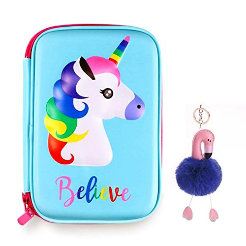 Cute Unicorn Pencil Case, Tiberham Embossed Hardtop Large Pen Holder Box with Compartments, Anti-Shock Cosmetic Pouch Bag Stationery Organizer for Girls School Students Kids Teens (Light Blue)