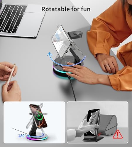 Mag Safe Ladegerät, 3 in 1 Ladestation für Apple Watch und iPhone, faltbar, drehbar mit Lichteinstellung, Wireless Charger Mag Safe Ladeständer für iPhone 16/15/14,AirPods (Ohne Adapter)-Schwarz