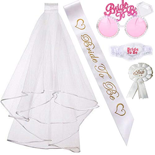 Bachelorette Party Bride to Be Kit-1 White Double Ribbon Edge Center Cascade Bridal Wedding Veil with Comb,1 Bride to Be Satin Sash, 1 Badge, 1 leg lace. 1 Pink Bride to be glasses