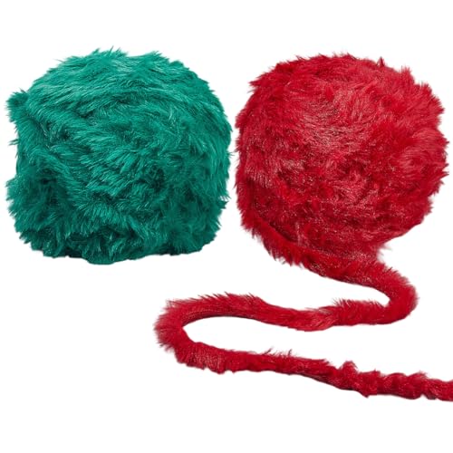 CABODYALS 2 Rolls 128M Red Green Fur Yarn Bulky Chunky Fuzzy Plush Velvet Yarns Soft Touch Fancy Furry Christmas Thread for Crocheting Knitting Sweater Hat Scarf Blanket Diy Craft Xmas Home Decor