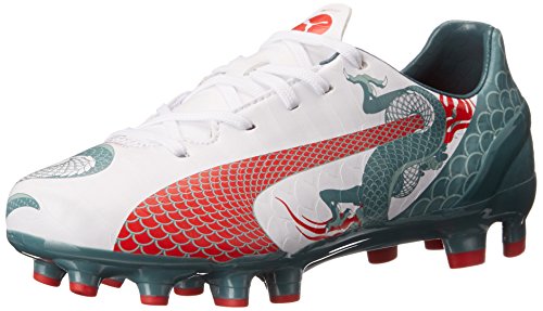 PUMA Evospeed 4.3 Graphic FG JR Soccer Shoe (Little Kid/Big Kid) , White/Sea Pine/High Risk Red, 4.5 M US Big Kid
