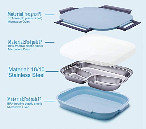 Bento Style Lunch Box for Adult teens, Removble 3 Compartments Stainless Steel Tray,On-the-Go Meal Dishwasher Safe,BPA-Free&Food-Safe Materials Reheat Storage Container Blue by ROYDOM ...