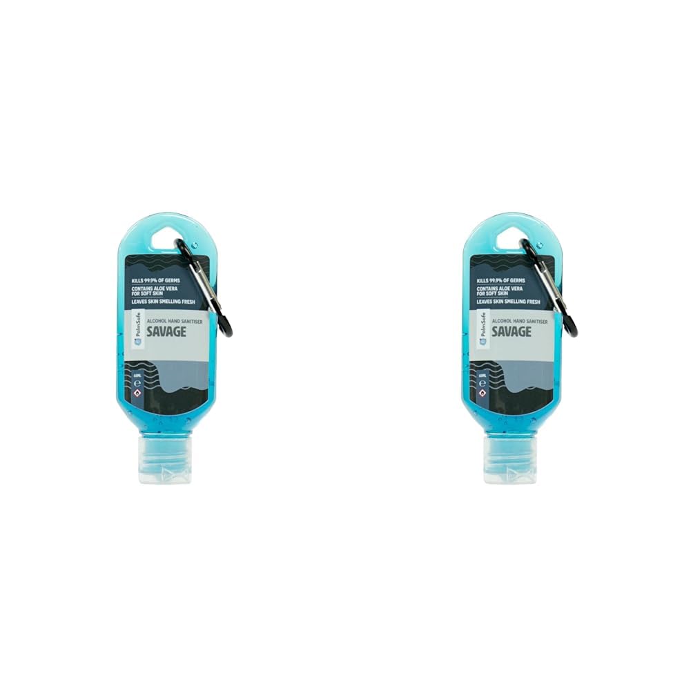 Palm Safe Savage 60ml Anti Bacterial Premium Hand Sanitiser Travel Size Refillable Clip Bottle Quick Drying Non Sticky Extra Moisturising Kills 99.9% of Viruses and Bacteria (Pack of 2)