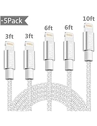 Cable de carga para iPhone TUUBEE MFi certificado cable Lightning 5 Pack 3FT 6FT 10FT largo nylon trenzado USB iPhone Cable de datos teléfono celular cable de carga rápida compatible iPhone XS MAX XR X 8 7 6 iPad iPod Plata