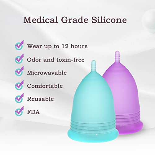 Menstrual Cup, Soft and Flexible Menstrual Cups Come with Foldable Sterilizing Cleaner Cup and Storage Bag, Reusable Premium Silicone Microwavable Friendly