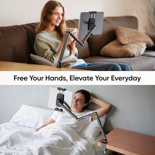 Urmust Tablet Holder Height Adjustable Aluminium Tablet Arm Holder with 360° Rotating Metal Base, iPad Holder Table Compatible with iPad Galaxy Tab Kindle & Monitor Holder from 4.7 Inch - 15.6 Inch