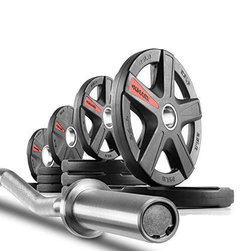 XMark Commercial Hard Chrome Olympic EZ Curl Bar Brass Bushings with Texas Star 115 lb. Olympic Plate Weight Set, Great for Bicep Curl and Triceps Extension, Can Be Used with Preacher Curl Bench