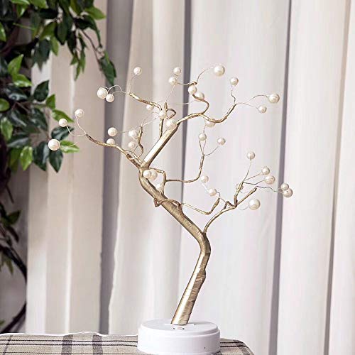 Auelife Upgraded Copper Wire Tree Branch Lights,Warm White LED with 36 White Pearls,Table Lamp for Home Decoration, Wedding Sign,Living Room,Bedroom