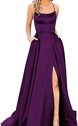 Women's Prom Dresses Long 2021 Satin Aline Slit Spaghetti Formal Evening Gowns with Pockets PM10