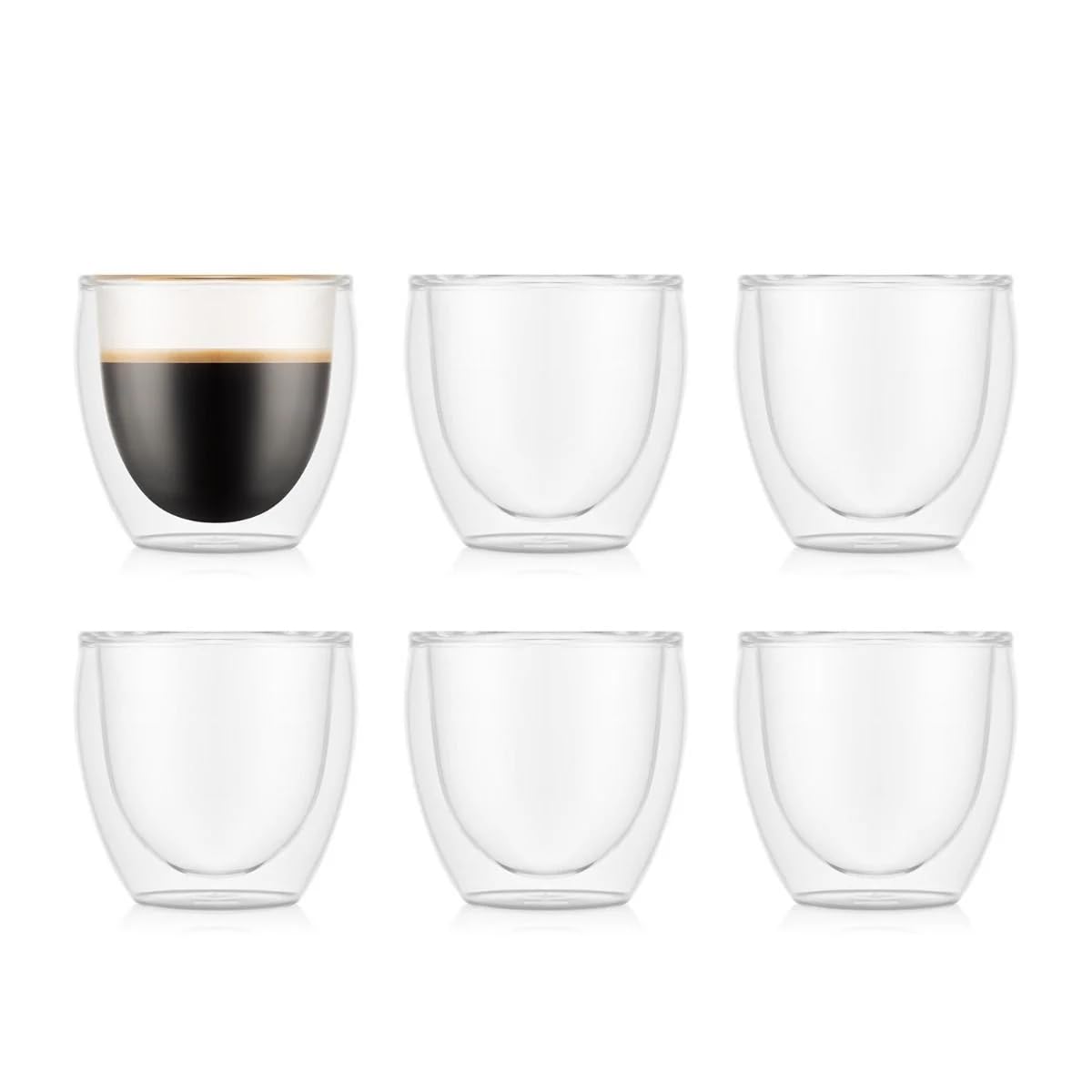 Bodum Double Walled Glasses Pack of 6 PAVINA - 80ml Espresso Cups - Dishwasher Safe Thermal Cup - Mouth-Blown Borosilicate Glass