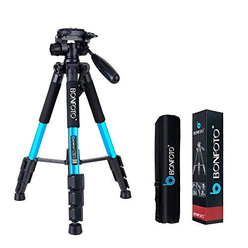 BONFOTO Q111 Portable Pro 55-inch Tripod Compact Lightweight Camera Stand with Phone Holder Mount and Quick Release Pan Head Plate for Smartphones Digital SLR Canon EOS Nikon Sony Samsung(Blue)