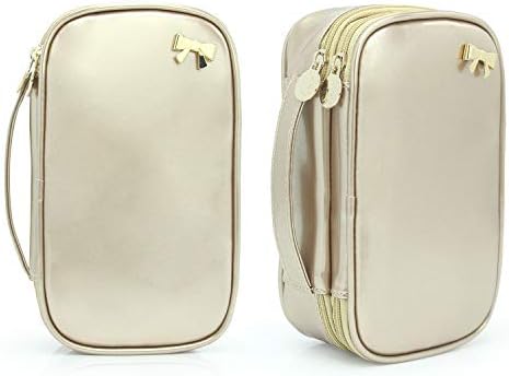 Makeup Brush Cosmetic Organizer, Portable 2 layer Small Makeup Pouch Holder, PU Leather Case with Carry Handle for Travel