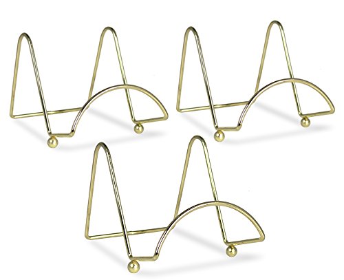 BANBERRY DESIGNS Wire Easel Display Stand Plate Holders - Smooth Brass Metal with Feet - 4 Inch - Set of 3