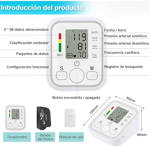Tensiómetro de Brazo, Medidor Tension Arterial Digital Profesional, Tensiometro Automático para uso doméstico, Detector electrónico de frecuencia cardíaca, Blood Pressure Monitor