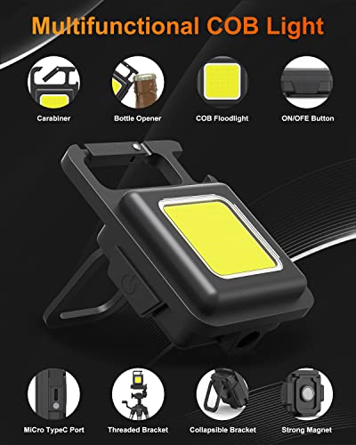 USUNDERY Mini COB Work Light, Rechargeable Keychain flashlights, 4 Lighting Modes with Folding Bracket Bottle Opener/ Magnet Base for Emergency Fishing Walking Camping at Night