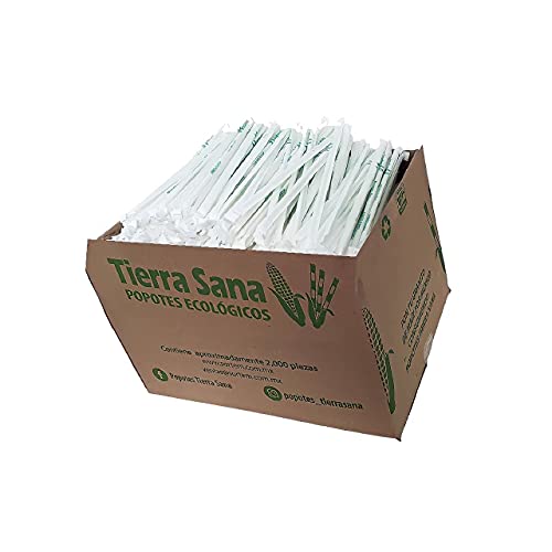 Popotes Ecológicos Tierra Sana, Estuchados Individualmente, Caja con 2000 piezas de 21 cm. Hechos con Maíz, Grado Alimenticio, Caja Mayoreo para Restaurantes, Cafeterías, Hoteles.