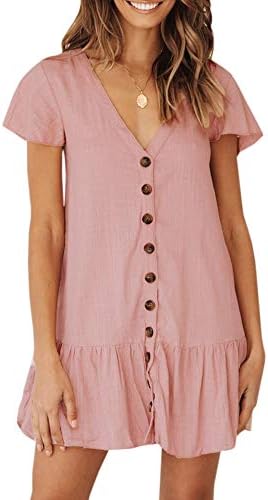 Bbalizko Womens Cute V Neck Short Sleeve Buttion Down Loose Fit Ruffle Mini Dresses