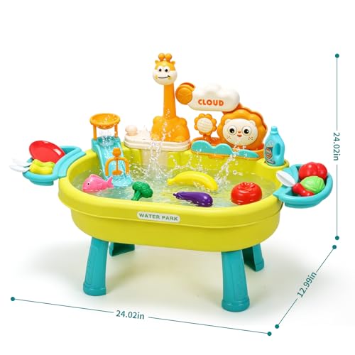 CUTE STONE Water Table, Play Sink with Running Water, Kitchen Pretend Play Set with Play Food & Tableware, Summer Outdoor Sensory Water Toy, Gift for Toddlers, Boys & Girls