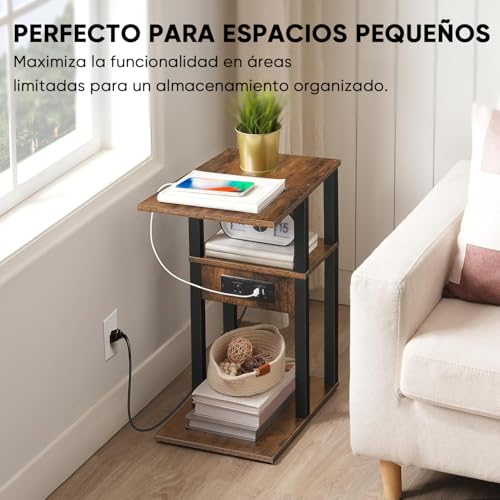WEAGP Mesa Auxiliar, Mesas Auxiliares en Forma de C con Estación de Carga Mesa Auxiliar 2 Puertos USB y Tomas de Corriente Estación de Carga para Espacios Pequeños Sala de Estar Dormitorio (Marrón)