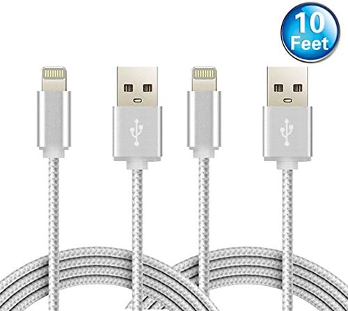 Nekmit 2 Pack 10 Feet / 3 Meters Nylon Braided Lightning to USB Cable Extra Long Charger for iPhone iPad iPod