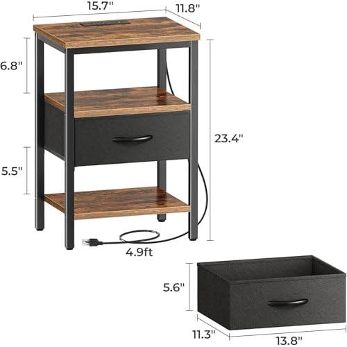 KAPEICamper Nightstand with Charging Station, Bed Side Table with Adjustable Fabric Drawer, Night Stand for Bedroom, 3-Tier Storage End Table, for Living Room, Rustic Brown and Black