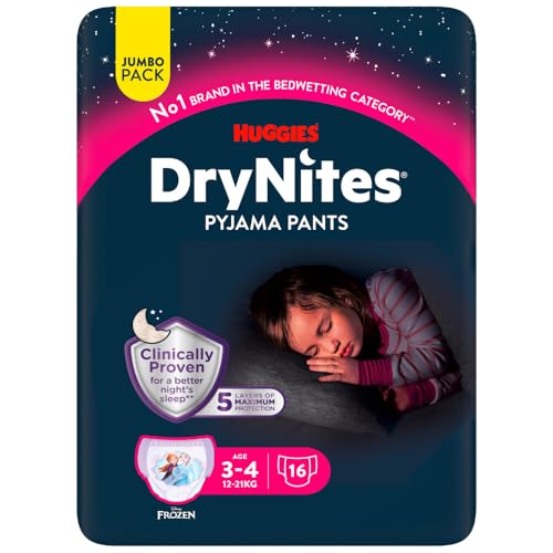DryNites Pañales de Noche para Niña 3-4 (16-23 kg), Clínicamente Probado con 5 Capas de Máxima Protección Nocturna, 4 Packs de 16, Total 64 Bragas Absorbentes
