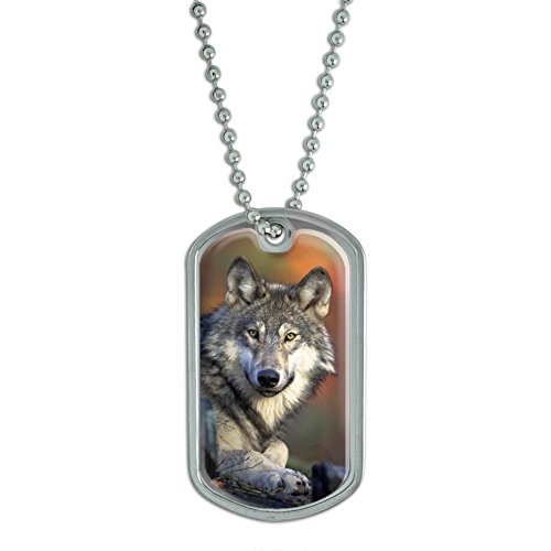 Gray Wolf with Fall Background Military Dog Tag Keychain
