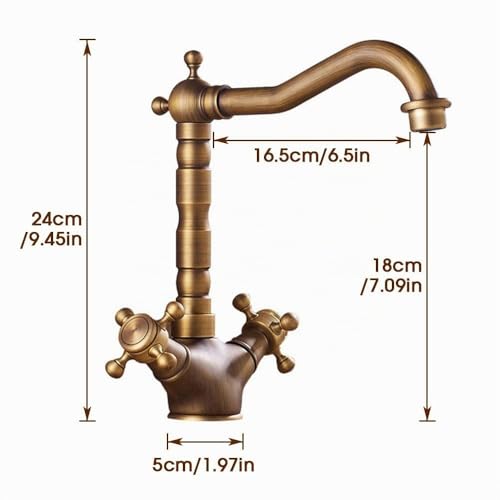 Vintage Kitchen Sink Tap, 360° Rotatable Brass Bathroom Sink Mixer Tap, Double Handle Bathroom Tap, Hot and Cold Tap, with Flexible Hose, Durable Design