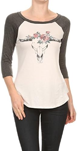 MIDNIGHT LOVERS Womens Steer Head Skull Rose Graphic 3/4 Sleeve Raglan Jersey T-Shirt (Ivory/Gray, Large)