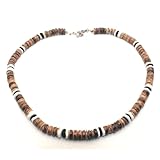 Tiger Brown Coco Bead Hawaiian Surfer Necklace with White Puka Shell and Black Coco Beads