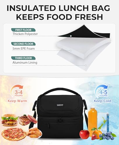 VASCHY Lunch Bag, Insulated Lunch Box Leak-proof Cooler Bag in Dual Compartment Lunch Tote for Men, Women, 14 Cans (Black)