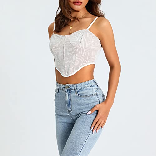 WOMEN’S SEXY MESH SPAGHETTI STRAPS CAMISOLE LOW NECK IRREGULAR HEM BUSTIER SLIM FIT TOPS Y2K ADORABLE STREETWEAR(WHITE,S)