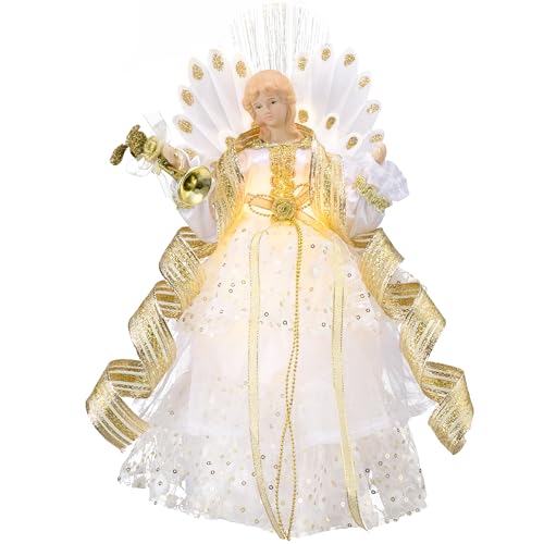 Valery Madelyn 32cm Weihnachtsengel Weihnachtsbaumspitze Weihnahctdekorationen Engel Christbaumspitze mit 10 batteriebetrieben warmen LED-Lichtern Weiß Golde（L）