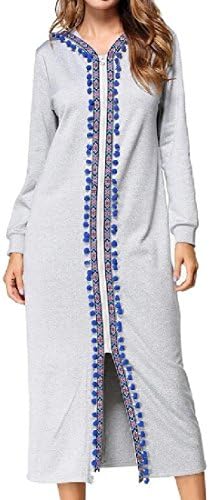 Young2 Womens Hood Slim Fit Maxi Long Sleeve Middle East Zip Dress Grey M