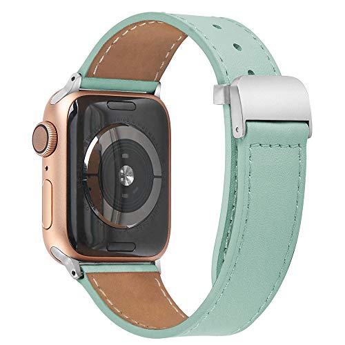 hooroor Leather Bands Compatible Apple Watch Band 38mm 40mm Accessory Replacement Wristband Sport Strap for Iwatch Nike+, Series 4 3 2 1, Edition, Stainless Steel Metal Buckle (Teal-38 mm 40mm)